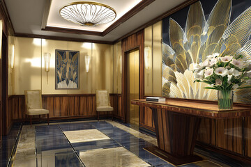 Luxurious hotel lobby features stylish furniture, decorative lighting, and fresh flowers in an upscale setting