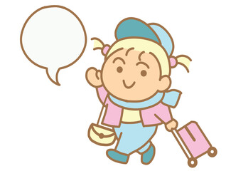 Little girl dragging a suitcase go to travel