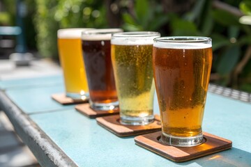 Craft beer flight tasting at brewery, variety of beers on wooden coasters outdoors