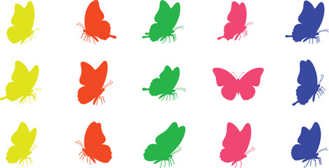 A pattern of colorful butterfly silhouettes arranged in a grid on a white background