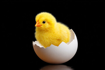 A fluffy yellow chick is emerging from a cracked white eggshell, creating a heartwarming moment of new life