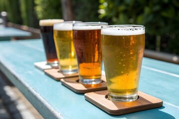 Assorted beer flight craft beers tasting brewery pub alcoholic beverage sample