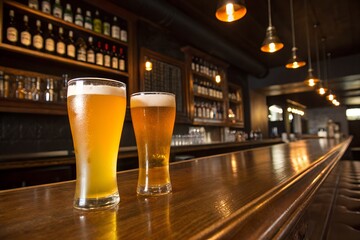 Two glasses of beer on bar counter in pub with bottles and lights background