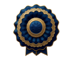 Blue and Gold Rosette Badge with Layered Petal Design, Angled Side View, Isolated on Transparent Background
