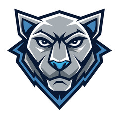 Geometric stylized wolf head with piercing white eyes and blue highlights stares forward intently