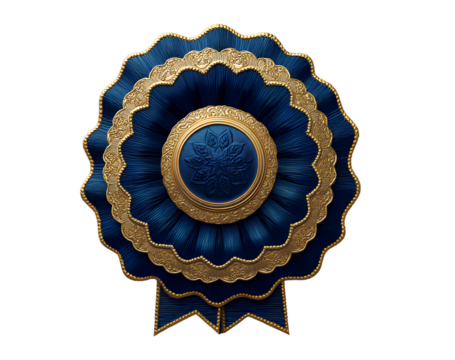 Blue and Gold Rosette Badge with Layered Petal Design, Angled Side View, Isolated on Transparent Background