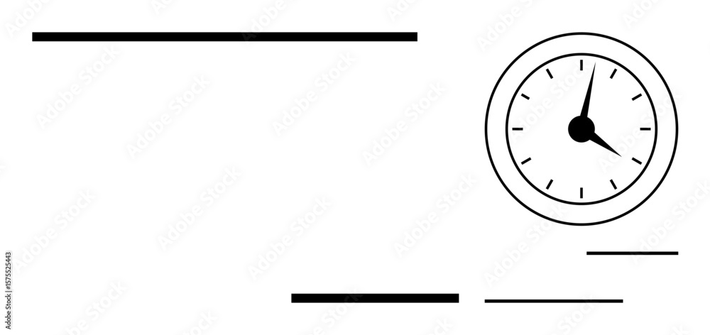 Poster clock with clean black lines and a simple round face indicating time, paired with horizontal lines. 