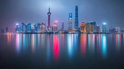 Obraz premium Breathtaking Night View of Shanghai Skyline with Illuminated Skyscrapers and River Reflection