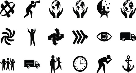 A collection of diverse black and white icons representing various concepts and symbols