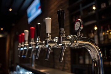 Close up of beer taps at bar for draft beer selection at local brewery or pub
