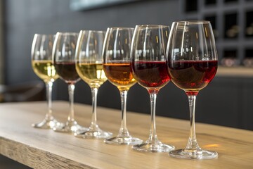 Wine tasting flight of red white and rose wines in glasses on bar top counter