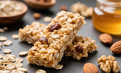 Nutritious Snack Bars Featuring Superfoods Like Goji Berries, Chia Seeds, and Cacao, Arranged for Clean Product Photography and Food Styling