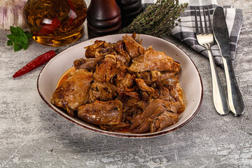 Shredded slow cooked pork meat