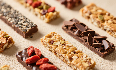 Healthy Assorted Energy Bars Made with Superfoods Including Chia Seeds, Goji Berries, and Cacao Nibs, Styled Food Photography for Marketing
