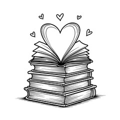 Stack of books with hearts for kids coloring, educational love theme