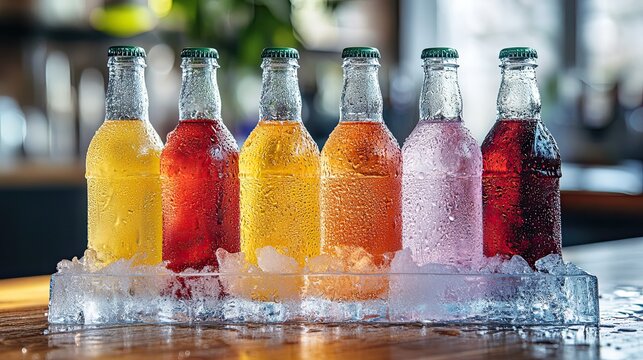 Chilled beverage bottles sitting in clear ice tray with water droplets, ideal for refreshing drink promotional visuals