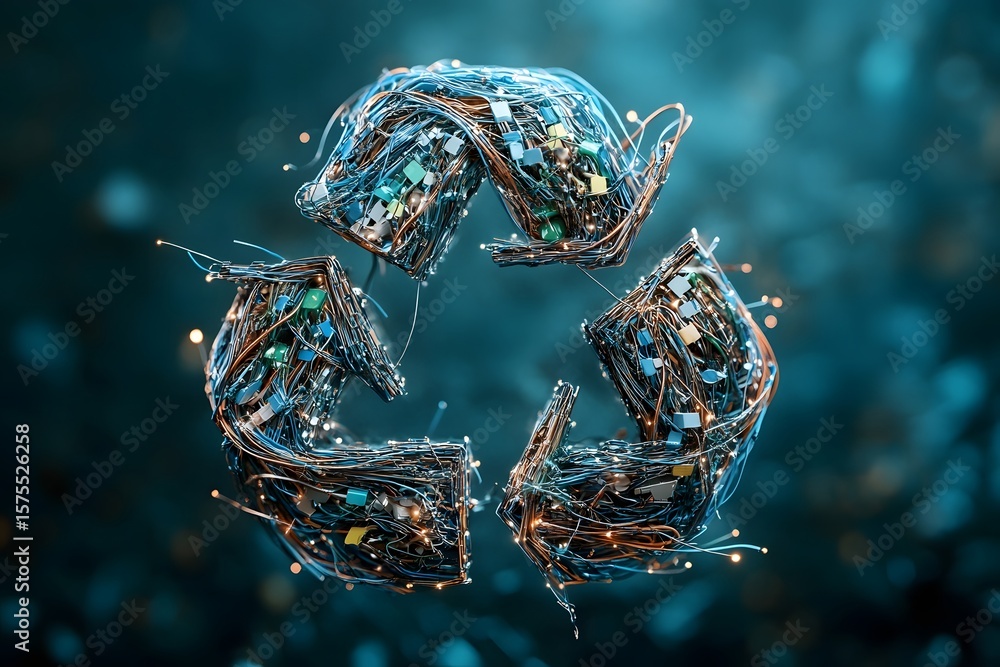 Poster conceptual recycling symbol made of wires energy flows and data points