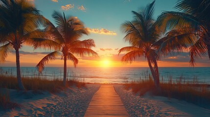 Cinematic beach sunset with palm-lined boardwalk and soft glowing sun on the horizon