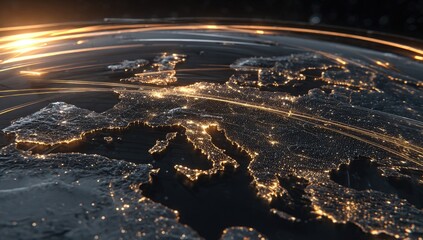 European night map, glowing cities,  circular light trails
