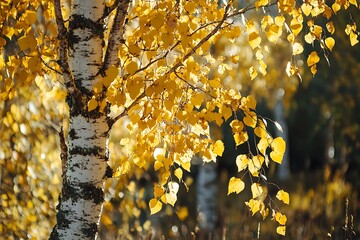 Beautiful birch tree with yellow leaves on a sunny autumn day. Autumn colors, nature concept

