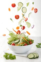 Fresh vibrant vegetable salad in a white bowl ingredients flying around it, isolated on white background