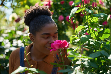 Gardener smelling pink rose in blooming garden