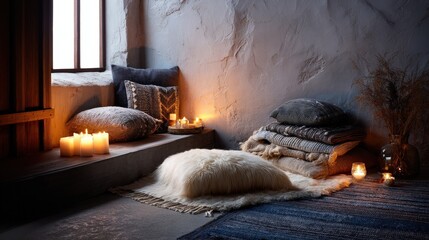 Cozy Room Interior with Fluffy Pillows and Burning Candles
