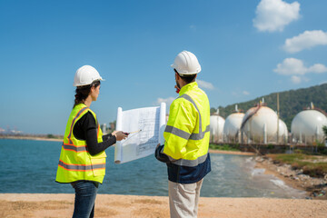 Mechanical engineer working and inspection gas pipeline system new construction project of industrial.