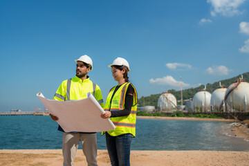 Mechanical engineer working and inspection gas pipeline system new construction project of industrial.