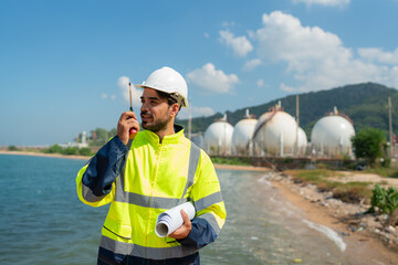 Mechanical engineer working and inspection gas pipeline system new construction project of industrial.