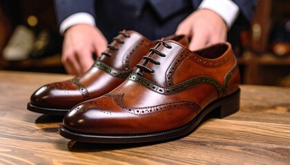 Brown leather brogues on display