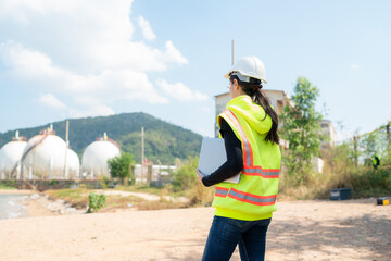 Mechanical engineer working and inspection gas pipeline system new construction project of industrial.