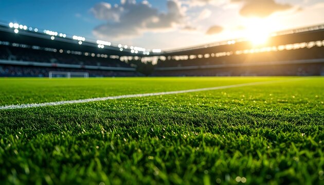 Empty soccer stadium, vibrant green field