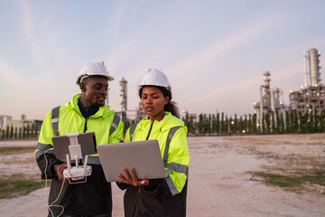 Engineer Specialists Pilot Drone on Construction Site. Architectural Engineer and Safety Engineering Inspector Fly Drone at industrial plant.