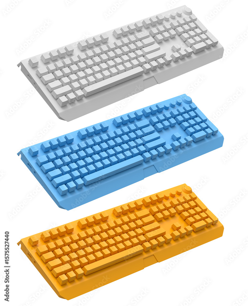 Poster collection of mechanical keyboards isolated on white background with clipping path. 3d rendering of 