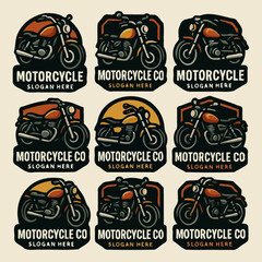 bold retro-style motorcycle logos, each in a badge design, perfect for biker brands or garages.