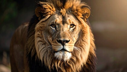 Obraz premium Majestic Lion Portrait Golden Light with Powerful Gaze, Wildlife in Africa, and Dramatic Scene.
