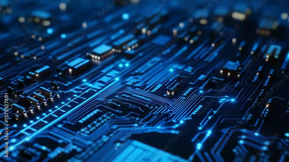 Poster futuristic circuit board pulsating with blue energy and data flow