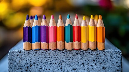 Color pencils resting on concrete block with modern neutral background for educational, artistic, or office themes
