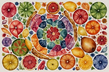 Food items arranged in colorful kaleidoscopic patterns