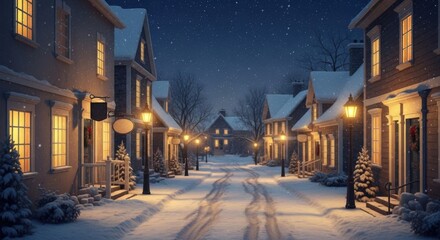 Snowy Residential Street Night Scene Warm Lit Houses Winter Atmosphere