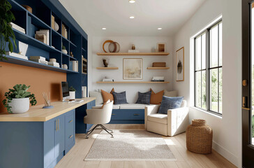 A home office with a grey desk, white walls, and light 
