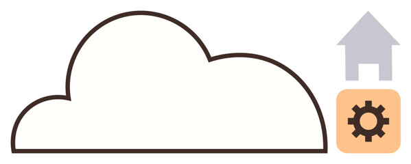 Cloud outline connected to a house icon and gear block suggesting automation, technology, and smart systems. Ideal for home automation, cloud integration, technology, digital transformation, internet