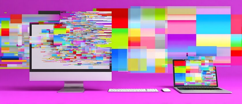 Colorful digital displays showing system error or glitch.