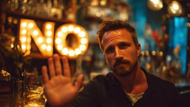 The Bold "No": Capturing a moment of definitive refusal, this striking image showcases a person in a bar setting, accompanied by a bold "NO" sign in the background, conveying a strong message. 