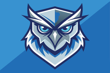 An owl head stares intensely with bright blue eyes on a blue background