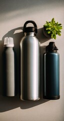 Three metal water bottles and a succulent plant, sunlit