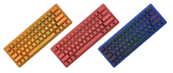 Collection of mechanical keyboards isolated on white background with clipping path. 3D rendering of streaming gear and gamer workspace concept