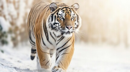 Fototapeta premium Tiger Walking Through Snowy Landscape. Majestic Predator In Natural Habitat