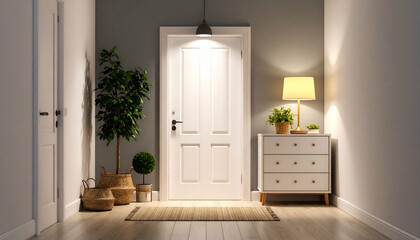 Modern apartment entryway at night.